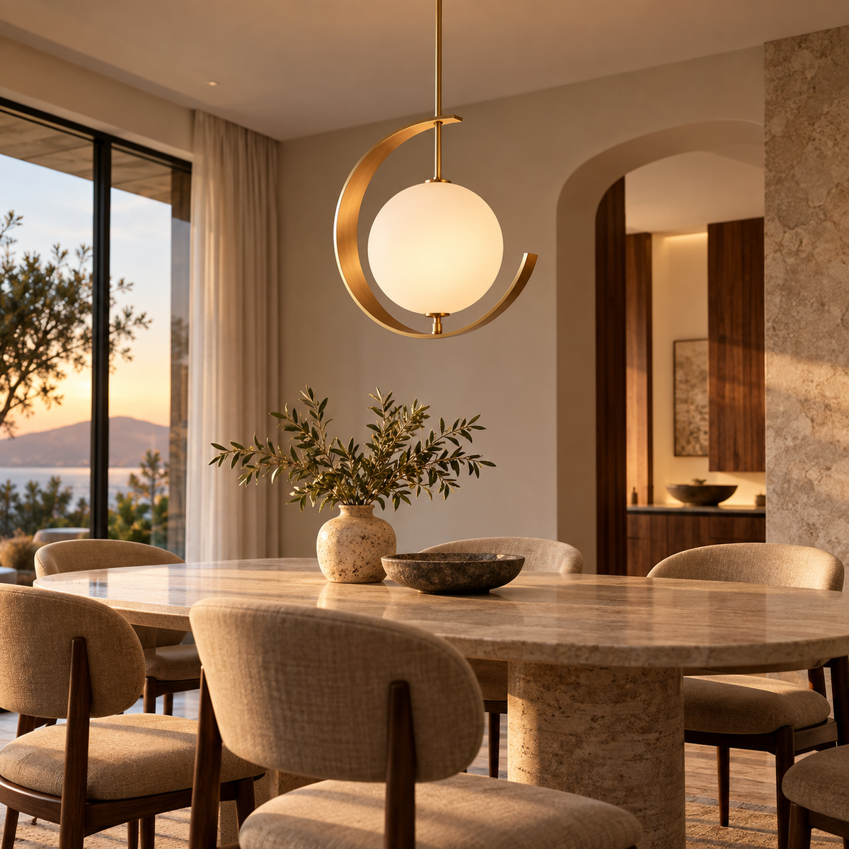 ArcHalo Pendant in a warm dining room